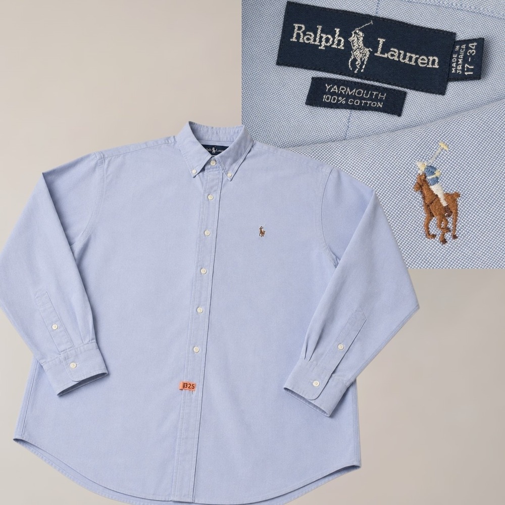 Ralph Lauren Yarmouth Shirt Mens 17-34 Blue Button Oxford Cotton Long Sleeve